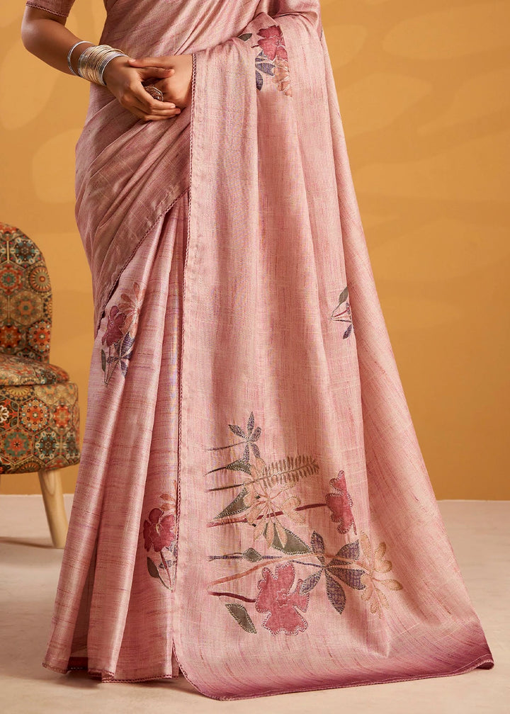 Carnation Pink Hand-Embroidered Tussar Silk Saree with Intricate Kashida Work