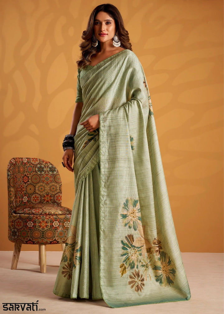 Pastel Green Hand-Embroidered Tussar Silk Saree with Intricate Kashida Work
