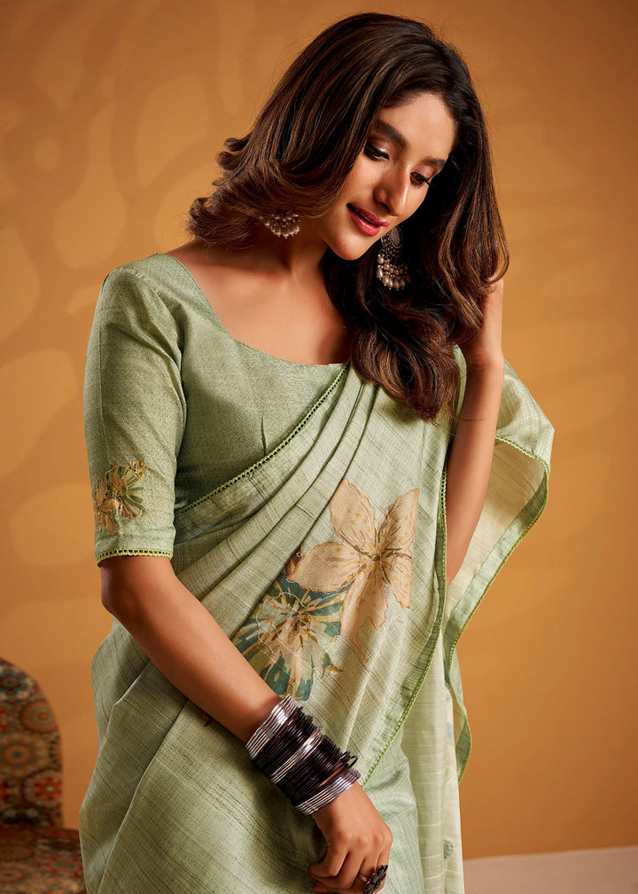 Pastel Green Hand-Embroidered Tussar Silk Saree with Intricate Kashida Work