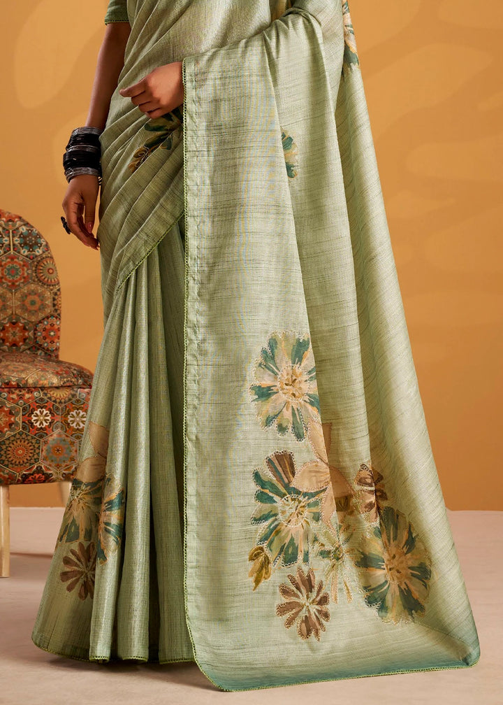 Pastel Green Hand-Embroidered Tussar Silk Saree with Intricate Kashida Work