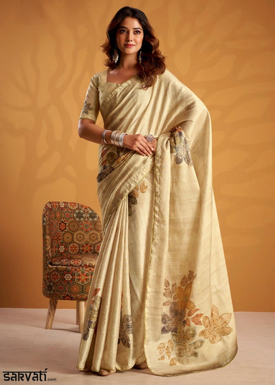 Beige Brown Hand-Embroidered Tussar Silk Saree with Intricate Kashida Work