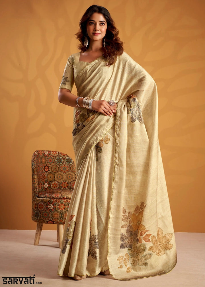 Beige Brown Hand-Embroidered Tussar Silk Saree with Intricate Kashida Work