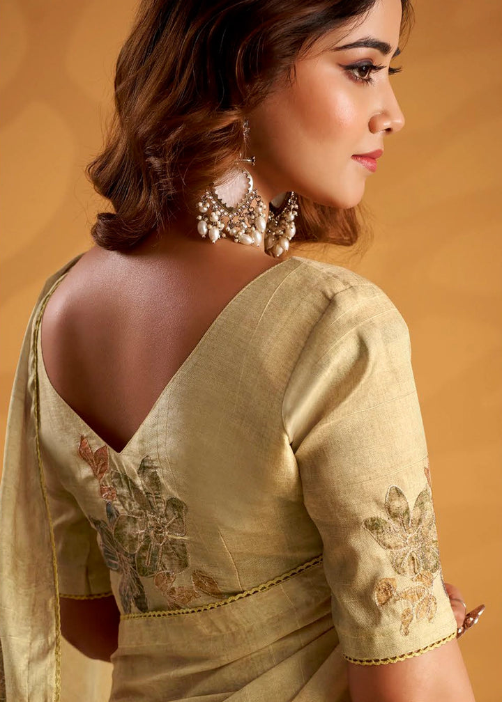 Beige Brown Hand-Embroidered Tussar Silk Saree with Intricate Kashida Work