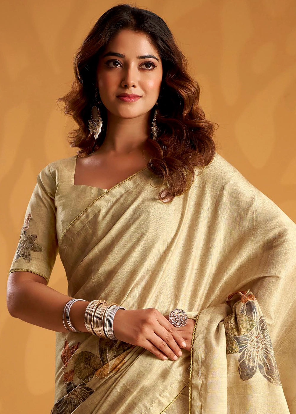 Beige Brown Hand-Embroidered Tussar Silk Saree with Intricate Kashida Work