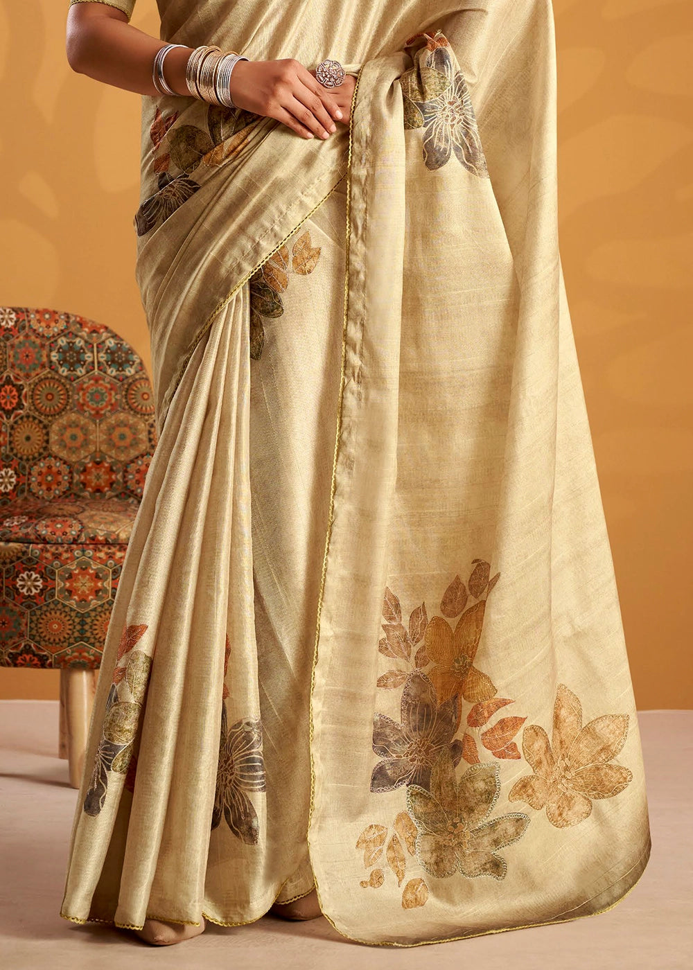 Beige Brown Hand-Embroidered Tussar Silk Saree with Intricate Kashida Work