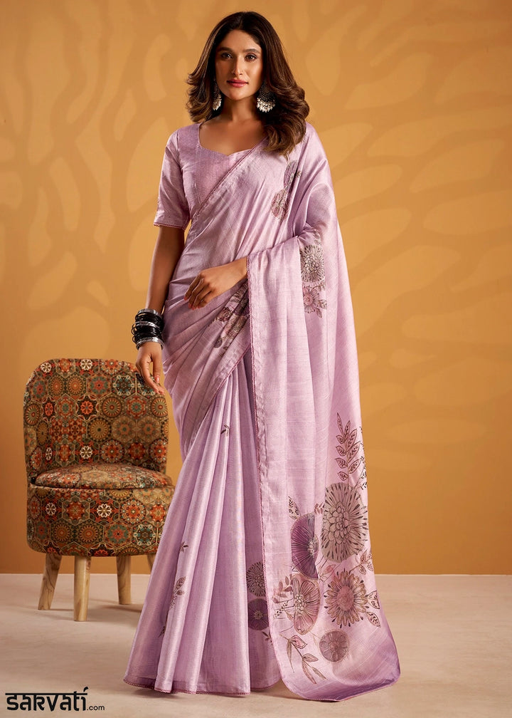 Pale Purple Hand-Embroidered Tussar Silk Saree with Intricate Kashida Work