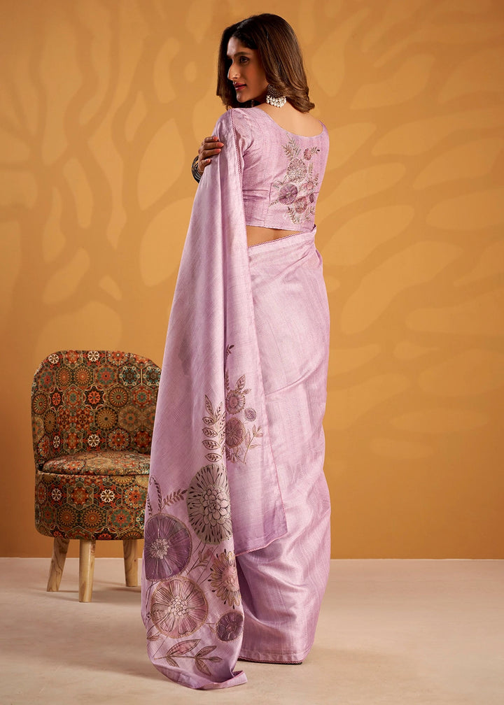 Pale Purple Hand-Embroidered Tussar Silk Saree with Intricate Kashida Work