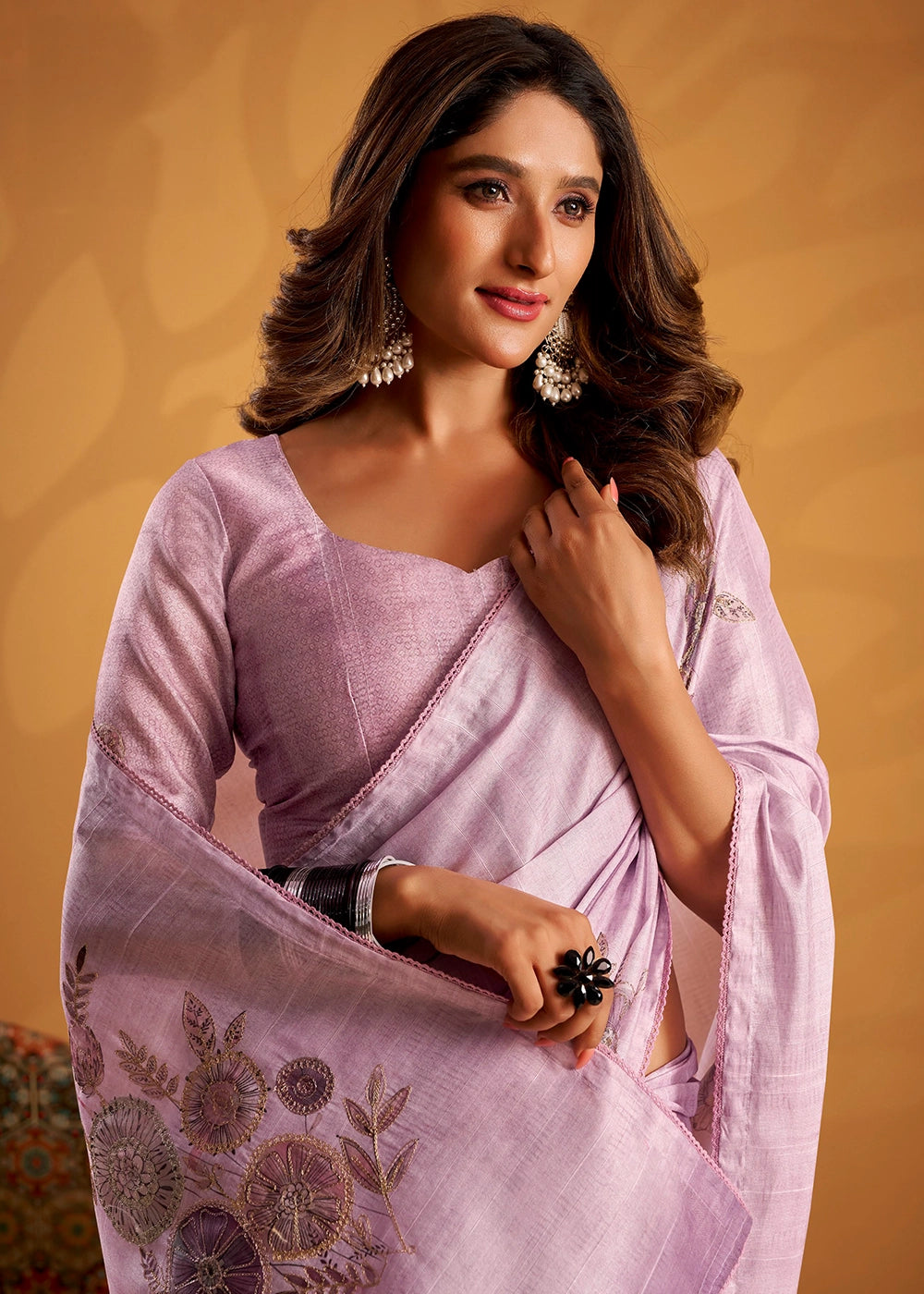 Pale Purple Hand-Embroidered Tussar Silk Saree with Intricate Kashida Work