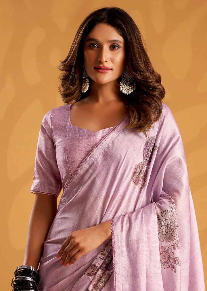 Pale Purple Hand-Embroidered Tussar Silk Saree with Intricate Kashida Work