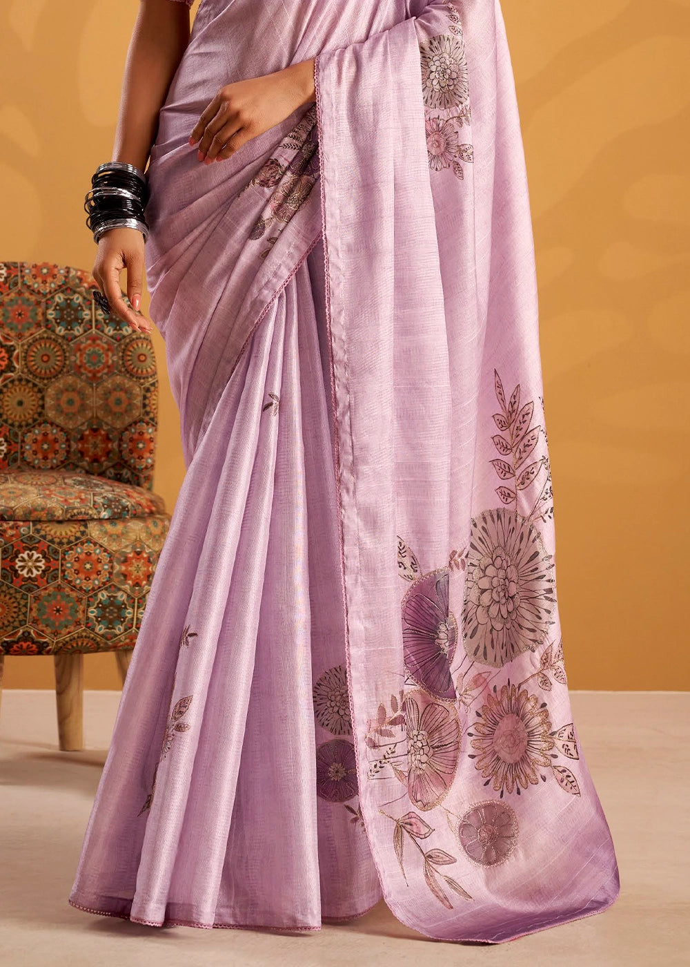 Pale Purple Hand-Embroidered Tussar Silk Saree with Intricate Kashida Work