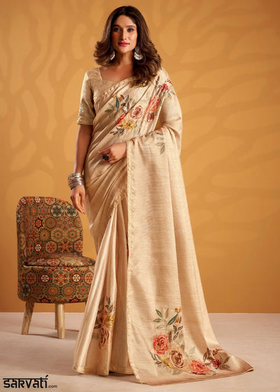 Light Brown Hand-Embroidered Tussar Silk Saree with Intricate Kashida Work