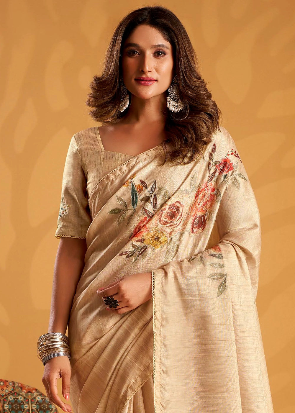 Light Brown Hand-Embroidered Tussar Silk Saree with Intricate Kashida Work