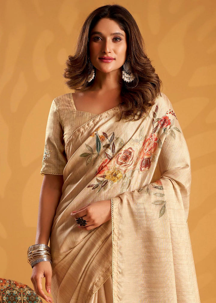 Light Brown Hand-Embroidered Tussar Silk Saree with Intricate Kashida Work