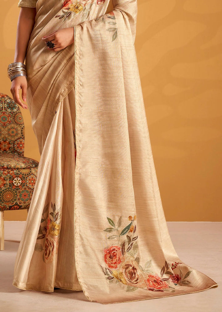 Light Brown Hand-Embroidered Tussar Silk Saree with Intricate Kashida Work