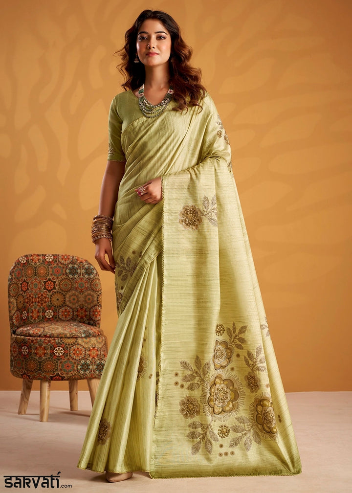 Tea Green Hand-Embroidered Tussar Silk Saree with Intricate Kashida Work