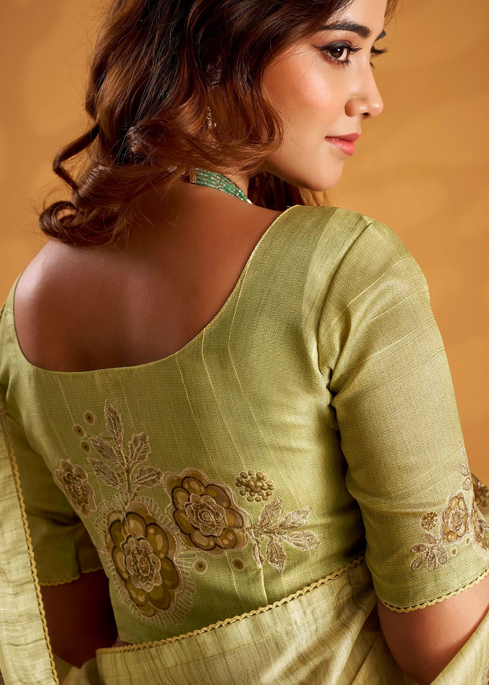 Tea Green Hand-Embroidered Tussar Silk Saree with Intricate Kashida Work