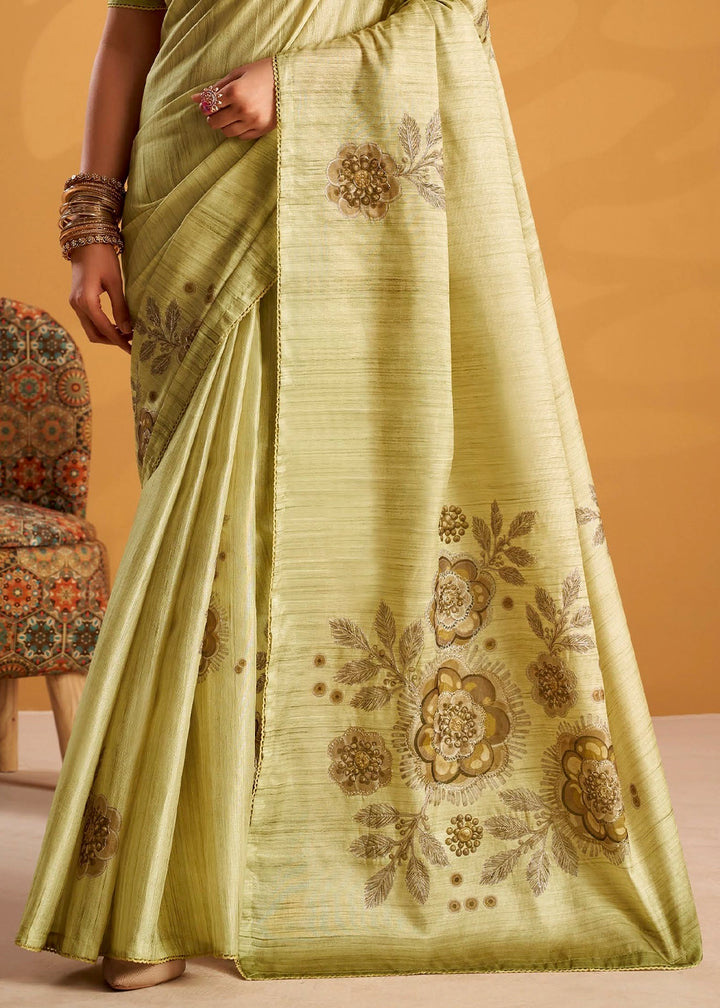 Tea Green Hand-Embroidered Tussar Silk Saree with Intricate Kashida Work