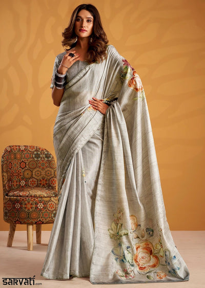 Dove Grey Hand-Embroidered Tussar Silk Saree with Intricate Kashida Work