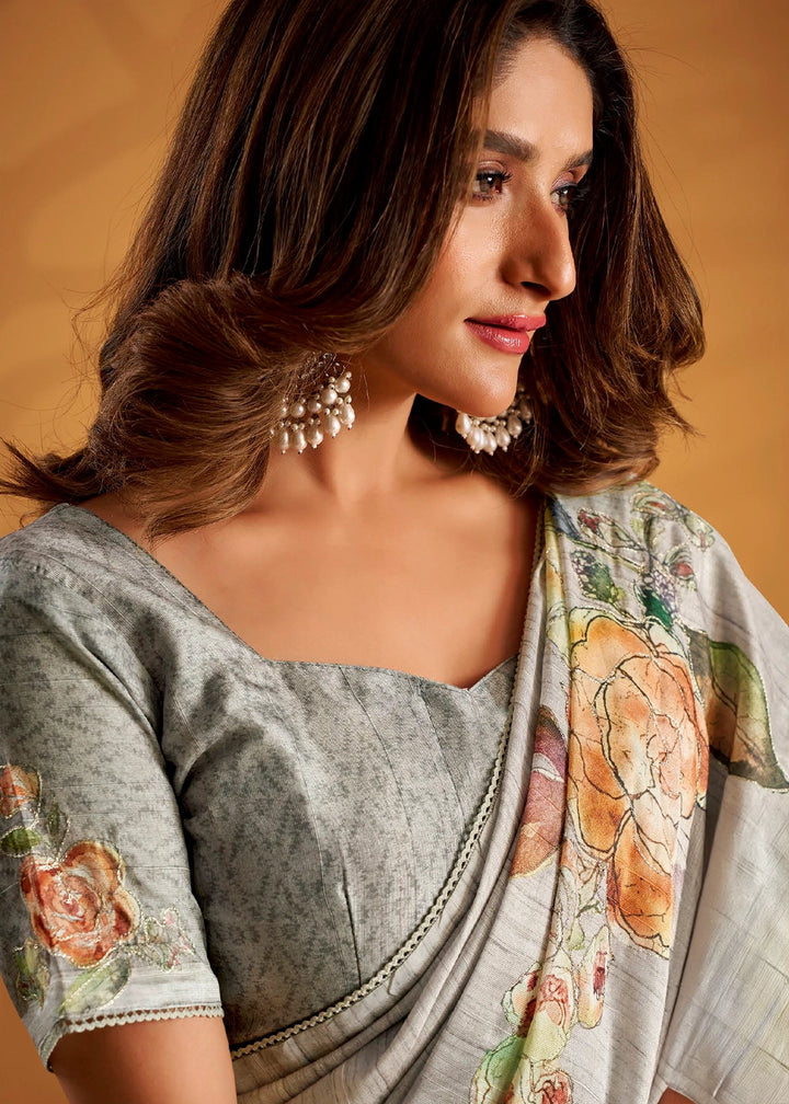 Dove Grey Hand-Embroidered Tussar Silk Saree with Intricate Kashida Work