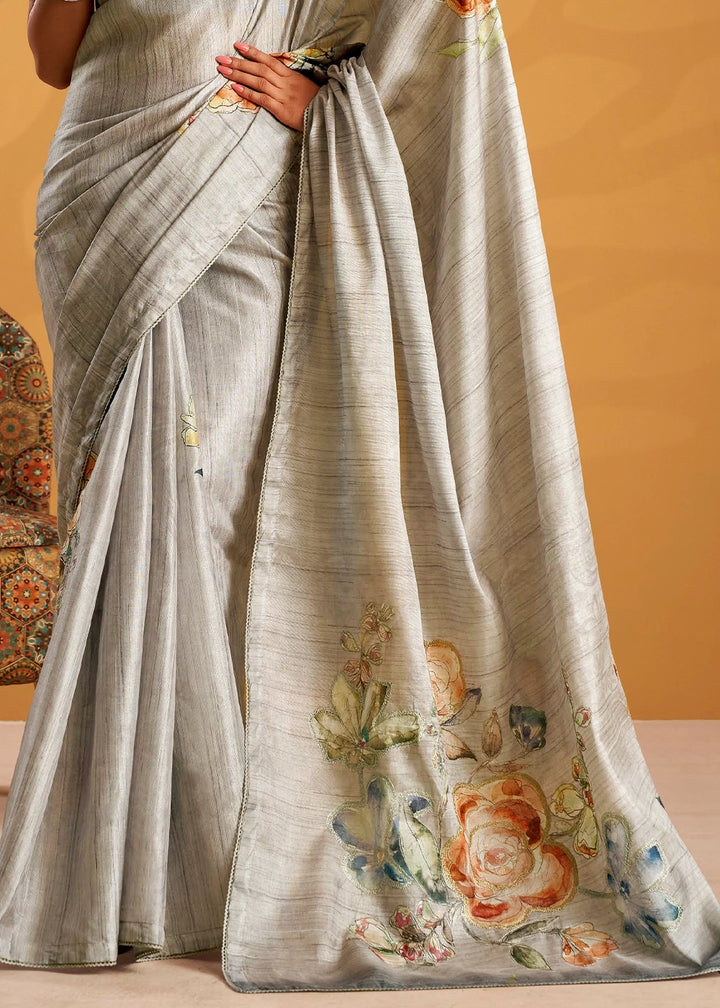Dove Grey Hand-Embroidered Tussar Silk Saree with Intricate Kashida Work