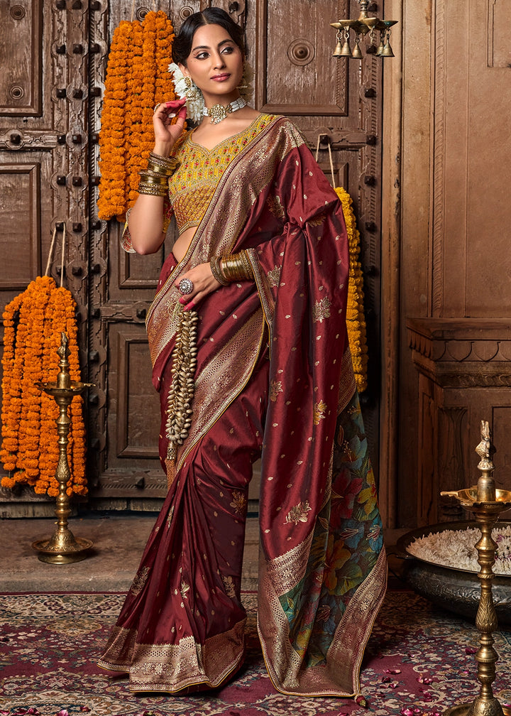 Sienna Brown Banarasi Silk Saree with Handcrafted Embroidered Blouse