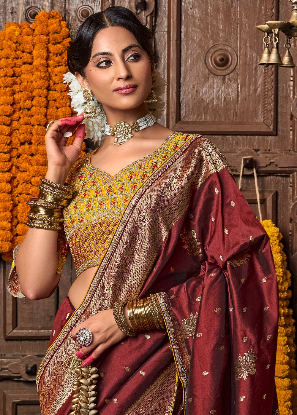 Sienna Brown Banarasi Silk Saree with Handcrafted Embroidered Blouse