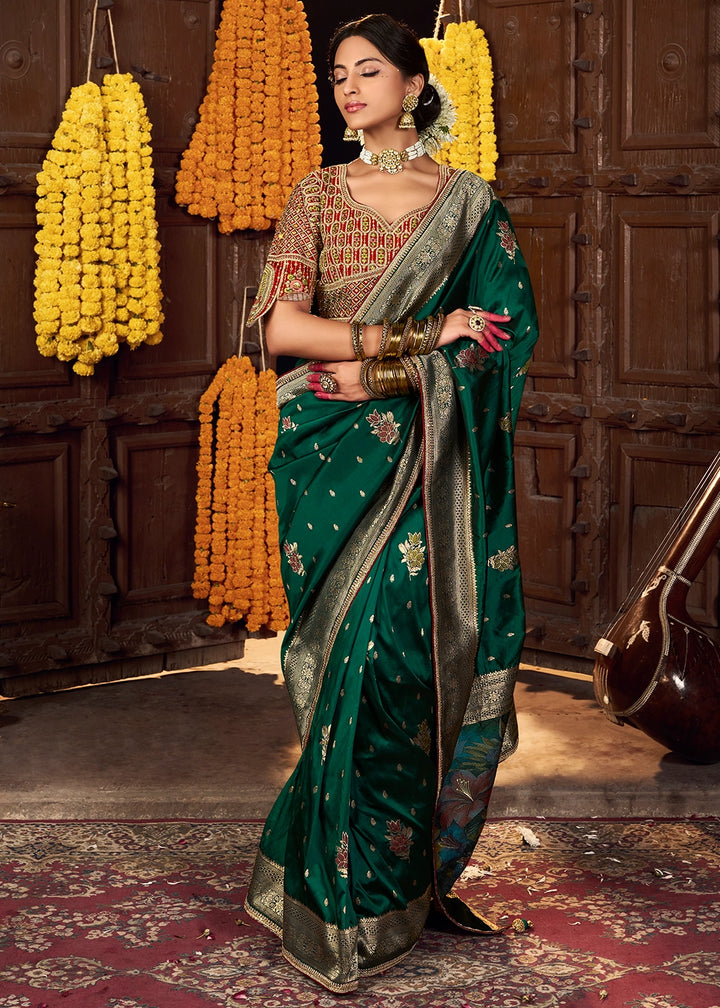 Racing Green Banarasi Silk Saree with Handcrafted Embroidered Blouse