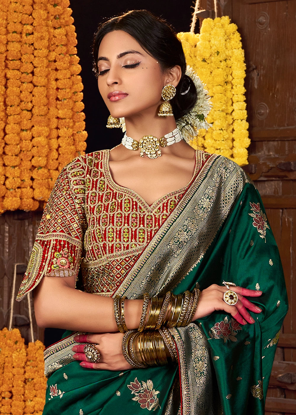 Racing Green Banarasi Silk Saree with Handcrafted Embroidered Blouse