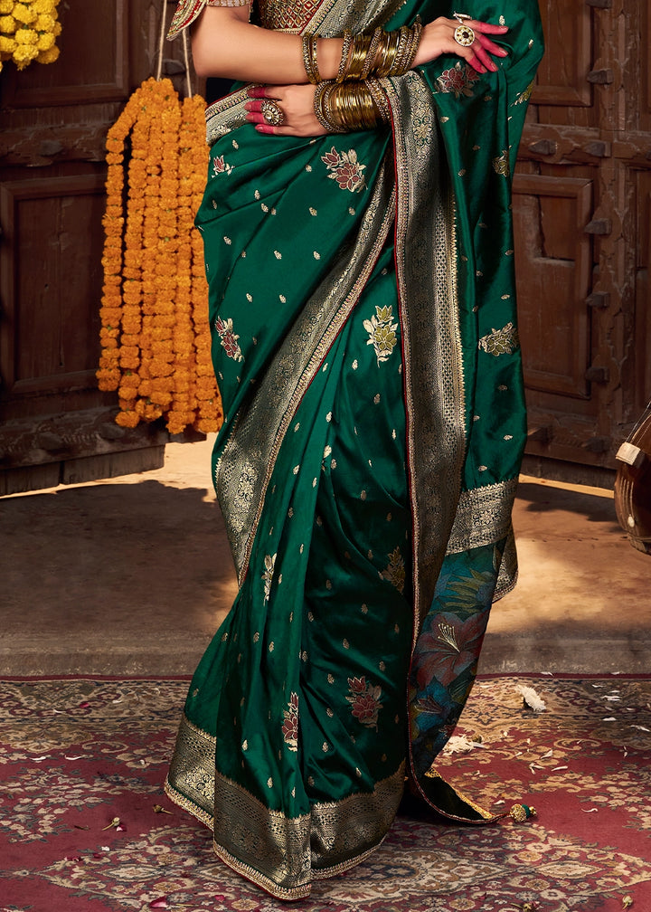 Racing Green Banarasi Silk Saree with Handcrafted Embroidered Blouse