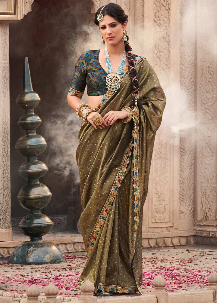 Greyish Brown Tissue Silk Saree Paired with Designer Blouse