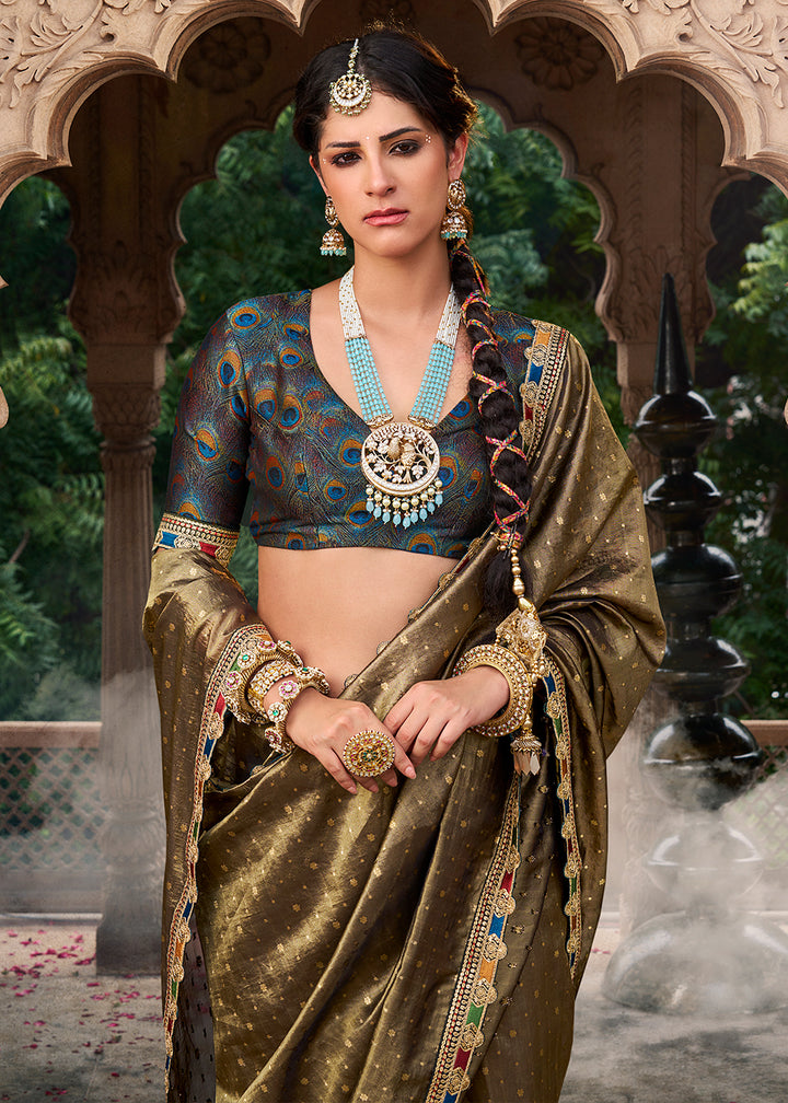 Greyish Brown Tissue Silk Saree Paired with Designer Blouse