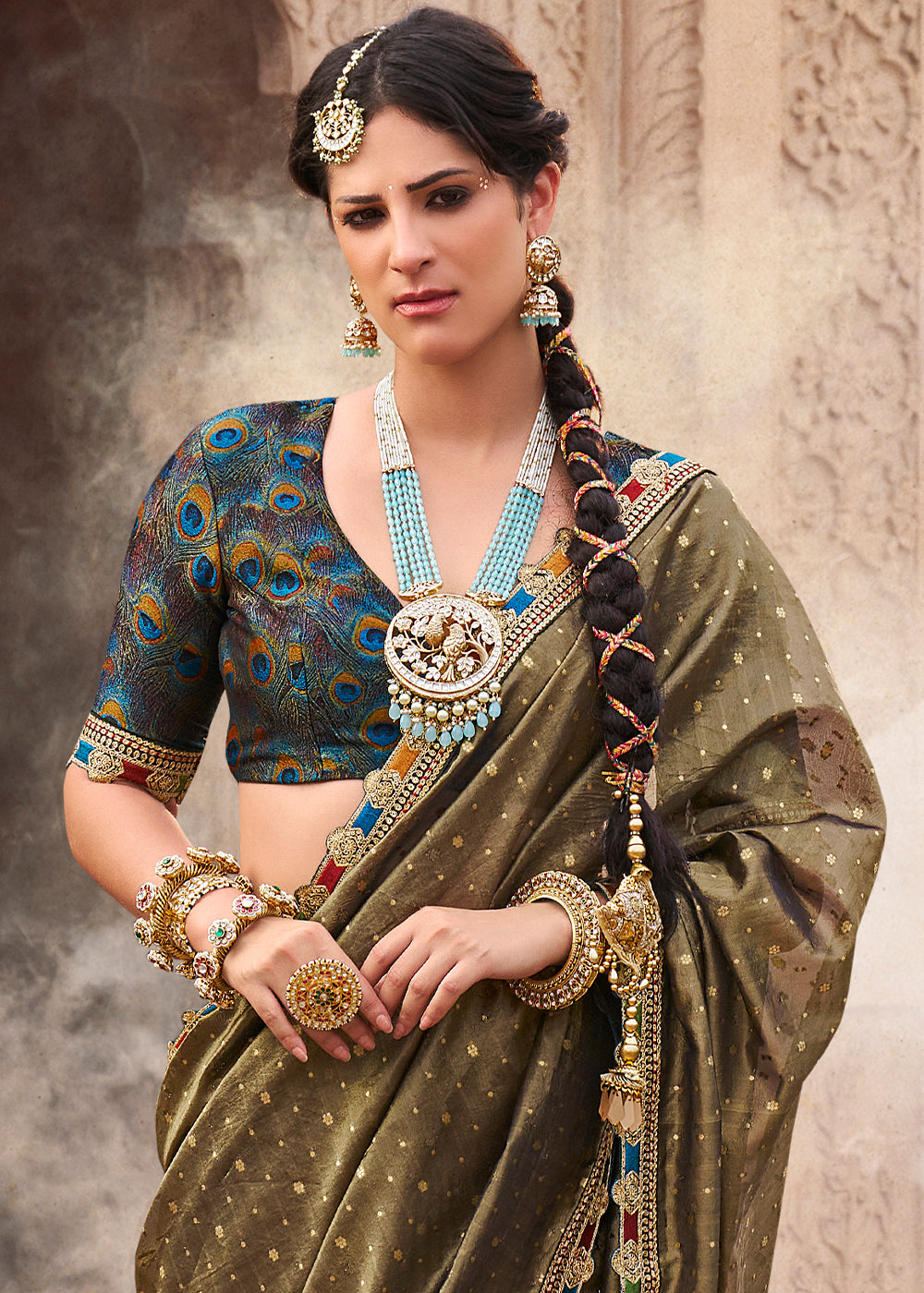 Greyish Brown Tissue Silk Saree Paired with Designer Blouse