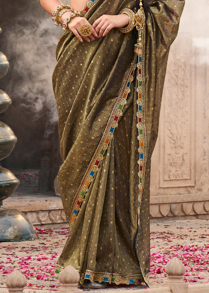 Greyish Brown Tissue Silk Saree Paired with Designer Blouse