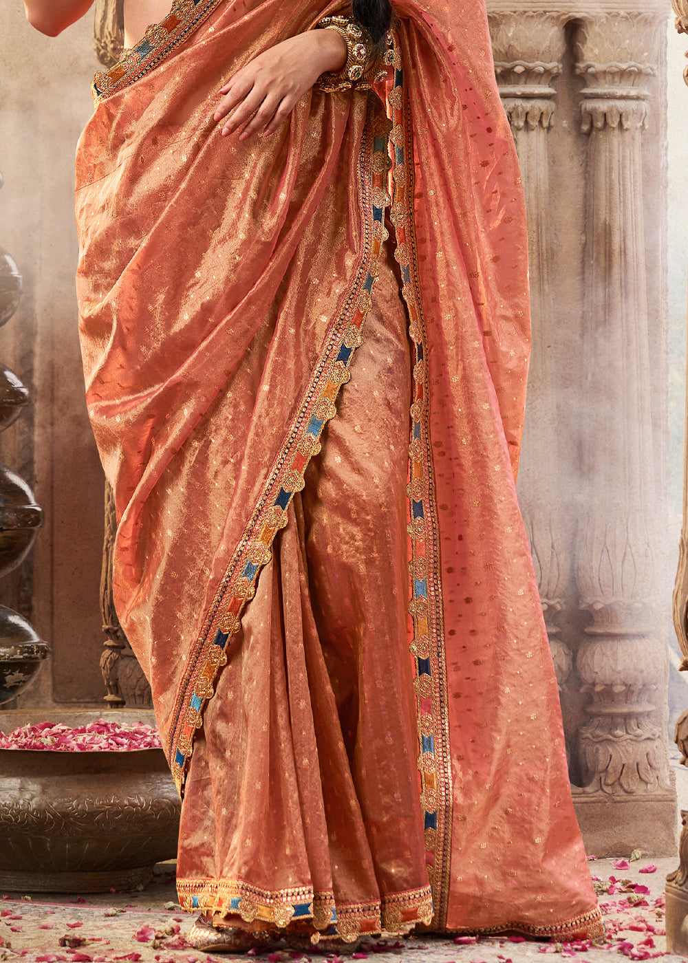 Shades Of Orange Pink Tissue Silk Saree Paired with Designer Blouse