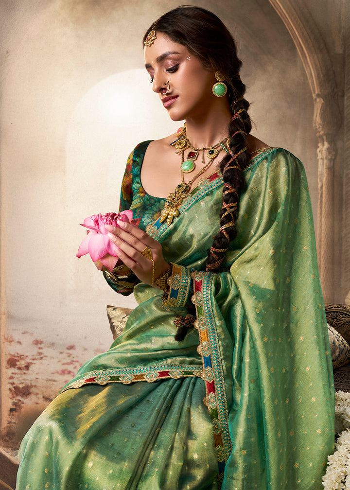 Shades Of Green Tissue Silk Saree Paired with Designer Blouse