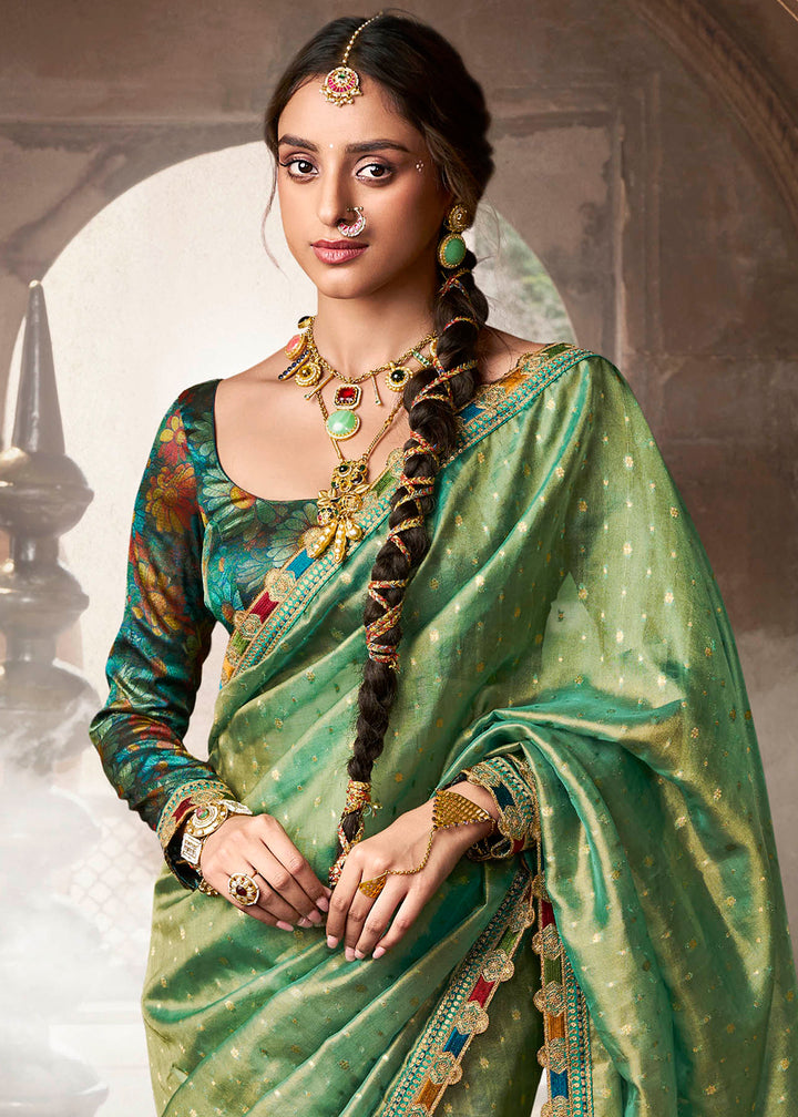 Shades Of Green Tissue Silk Saree Paired with Designer Blouse