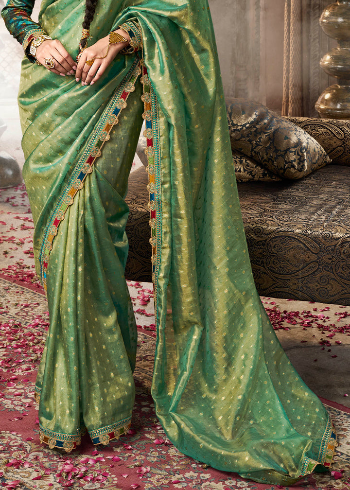 Shades Of Green Tissue Silk Saree Paired with Designer Blouse