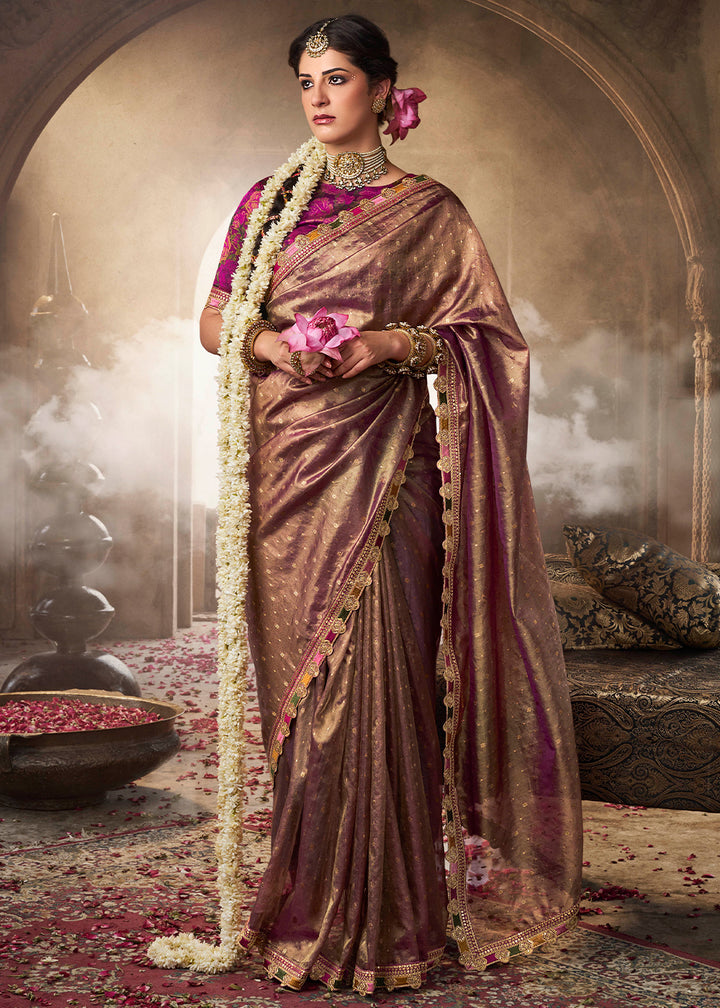 Shades Of Purple Tissue Silk Saree Paired with Designer Blouse