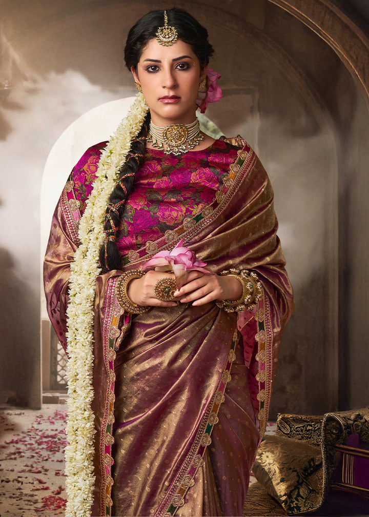 Shades Of Purple Tissue Silk Saree Paired with Designer Blouse