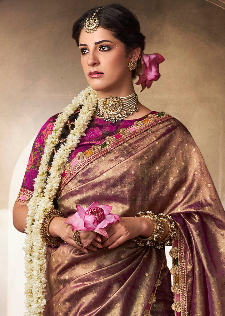 Shades Of Purple Tissue Silk Saree Paired with Designer Blouse