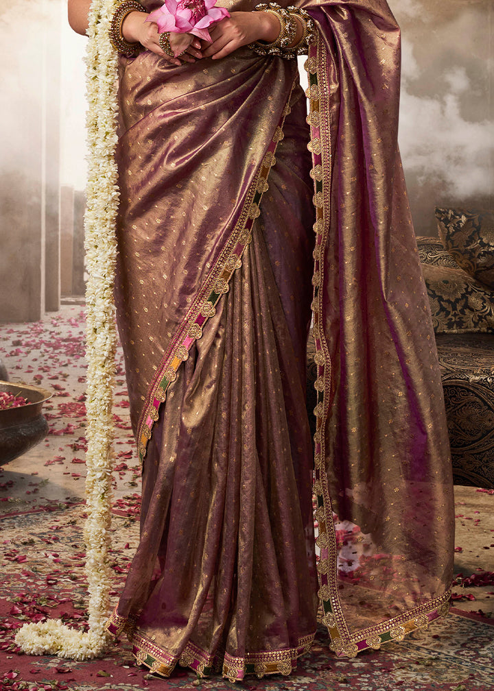 Shades Of Purple Tissue Silk Saree Paired with Designer Blouse