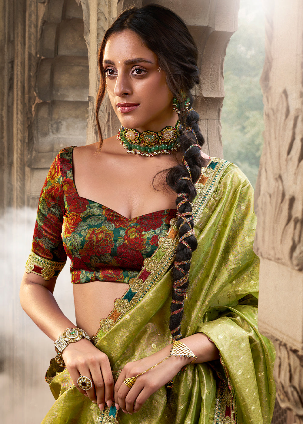 Shades Of Light Green Tissue Silk Saree Paired with Designer Blouse