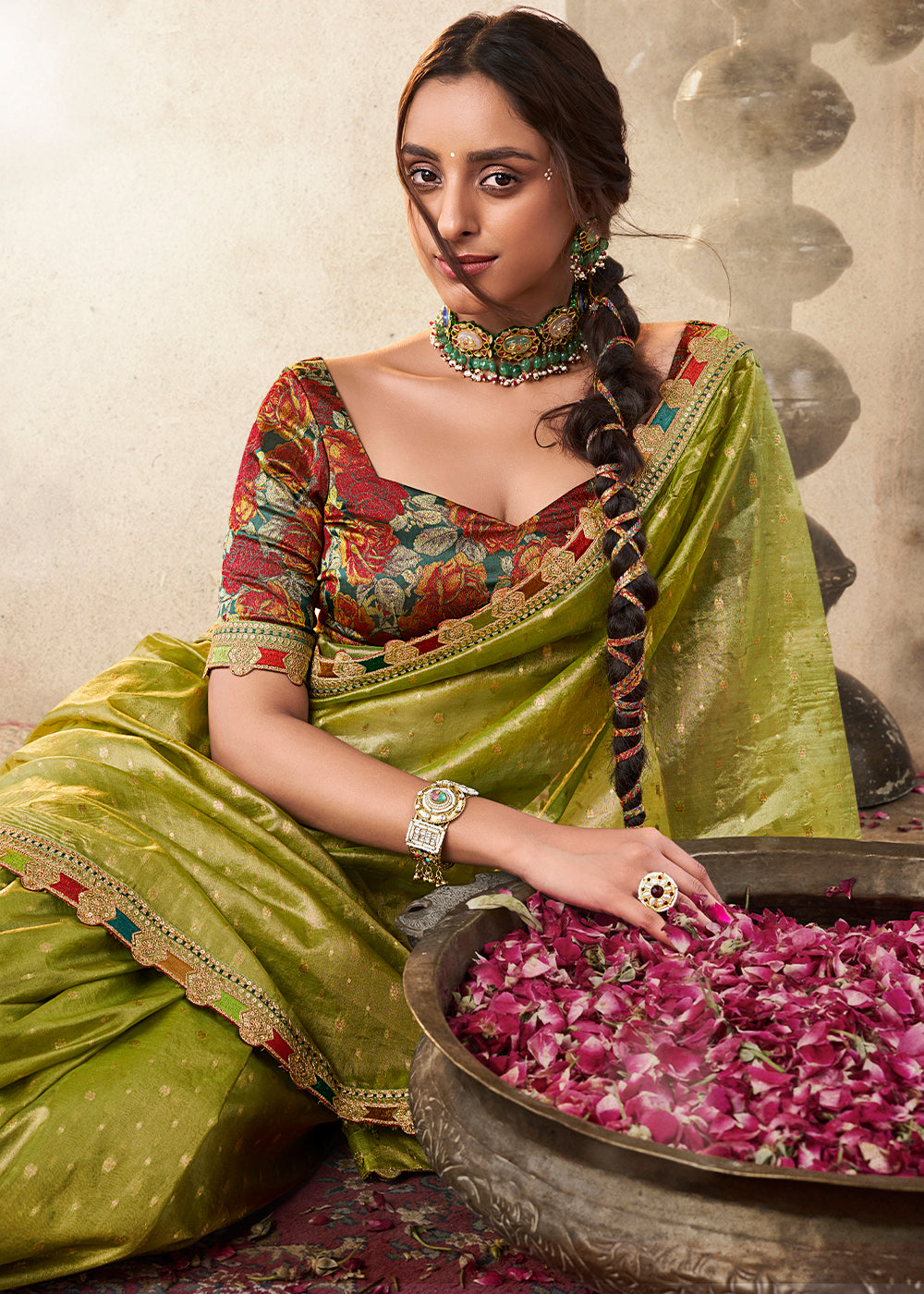 Shades Of Light Green Tissue Silk Saree Paired with Designer Blouse