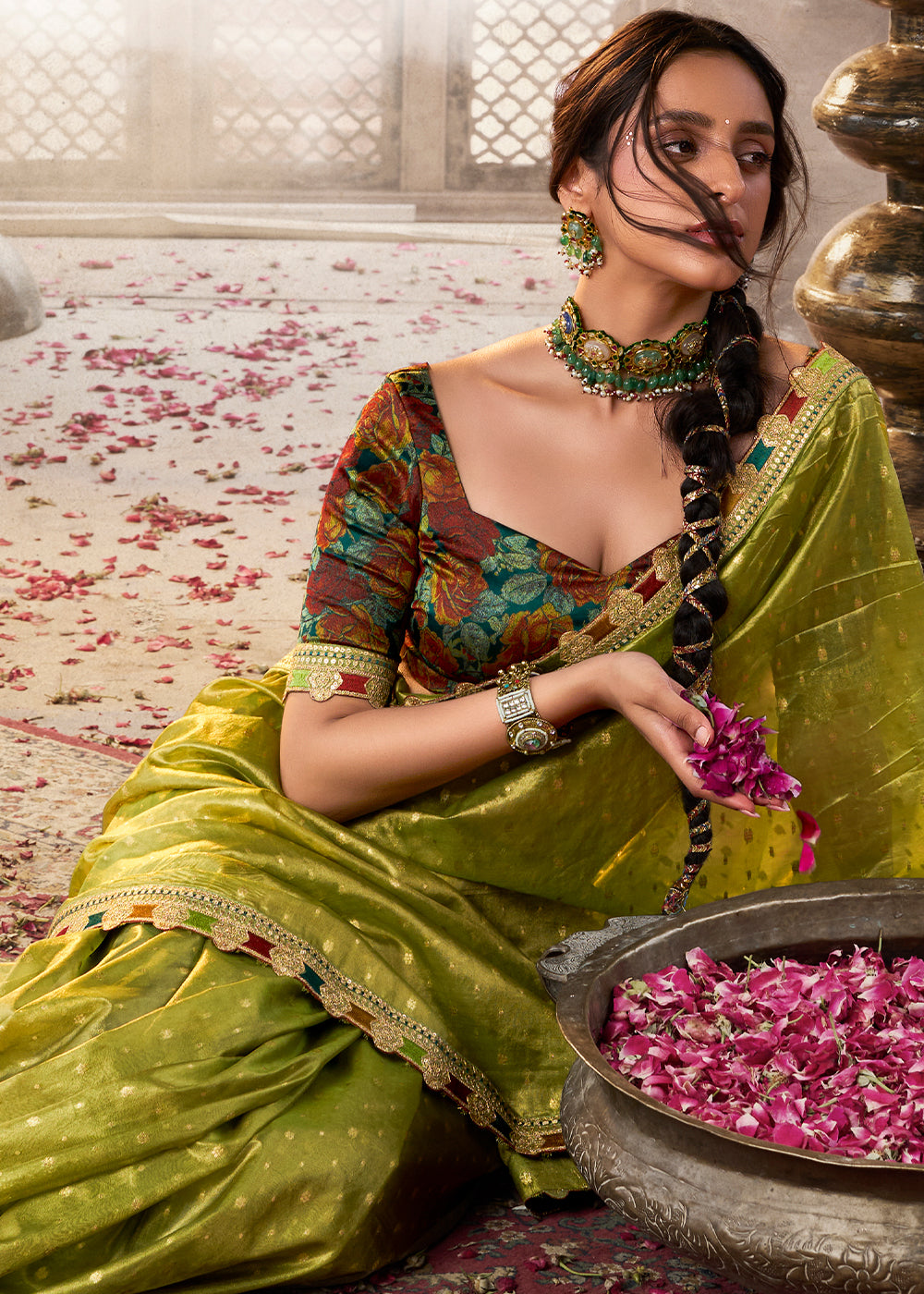 Shades Of Light Green Tissue Silk Saree Paired with Designer Blouse