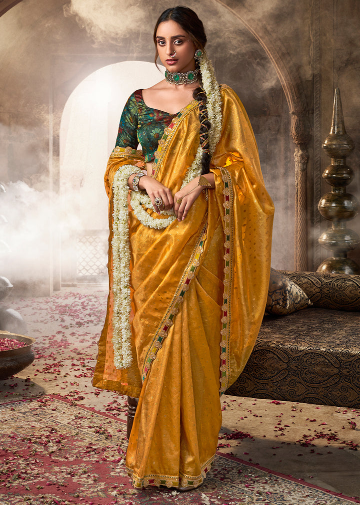 Shades Of Yellow Tissue Silk Saree Paired with Designer Blouse