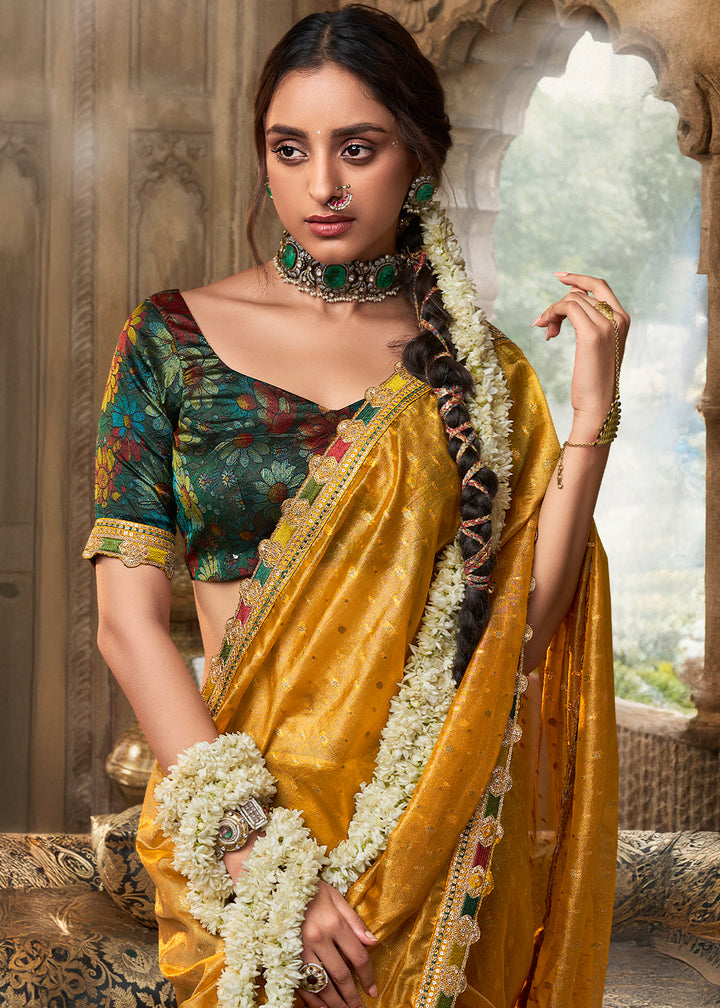 Shades Of Yellow Tissue Silk Saree Paired with Designer Blouse