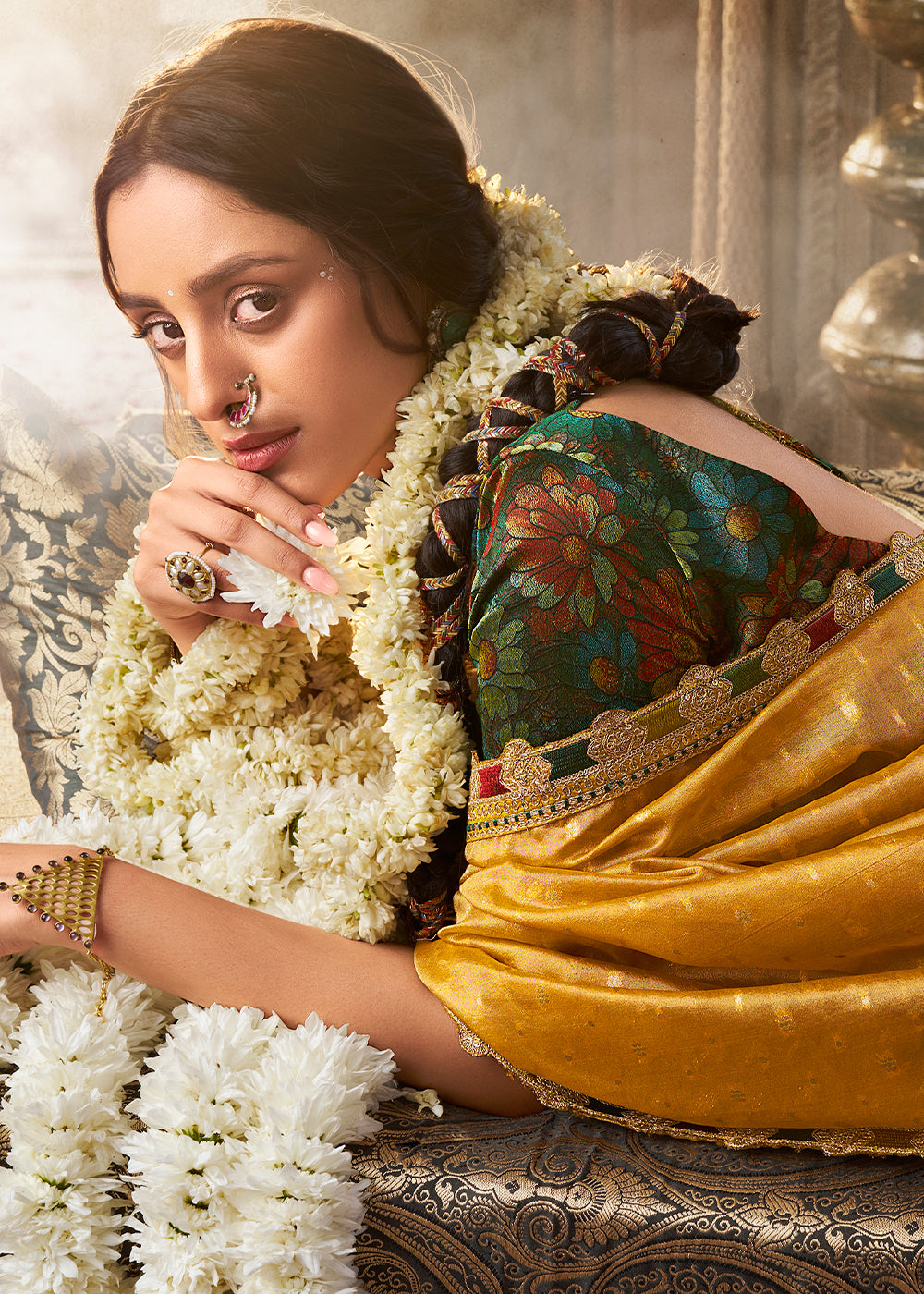 Shades Of Yellow Tissue Silk Saree Paired with Designer Blouse