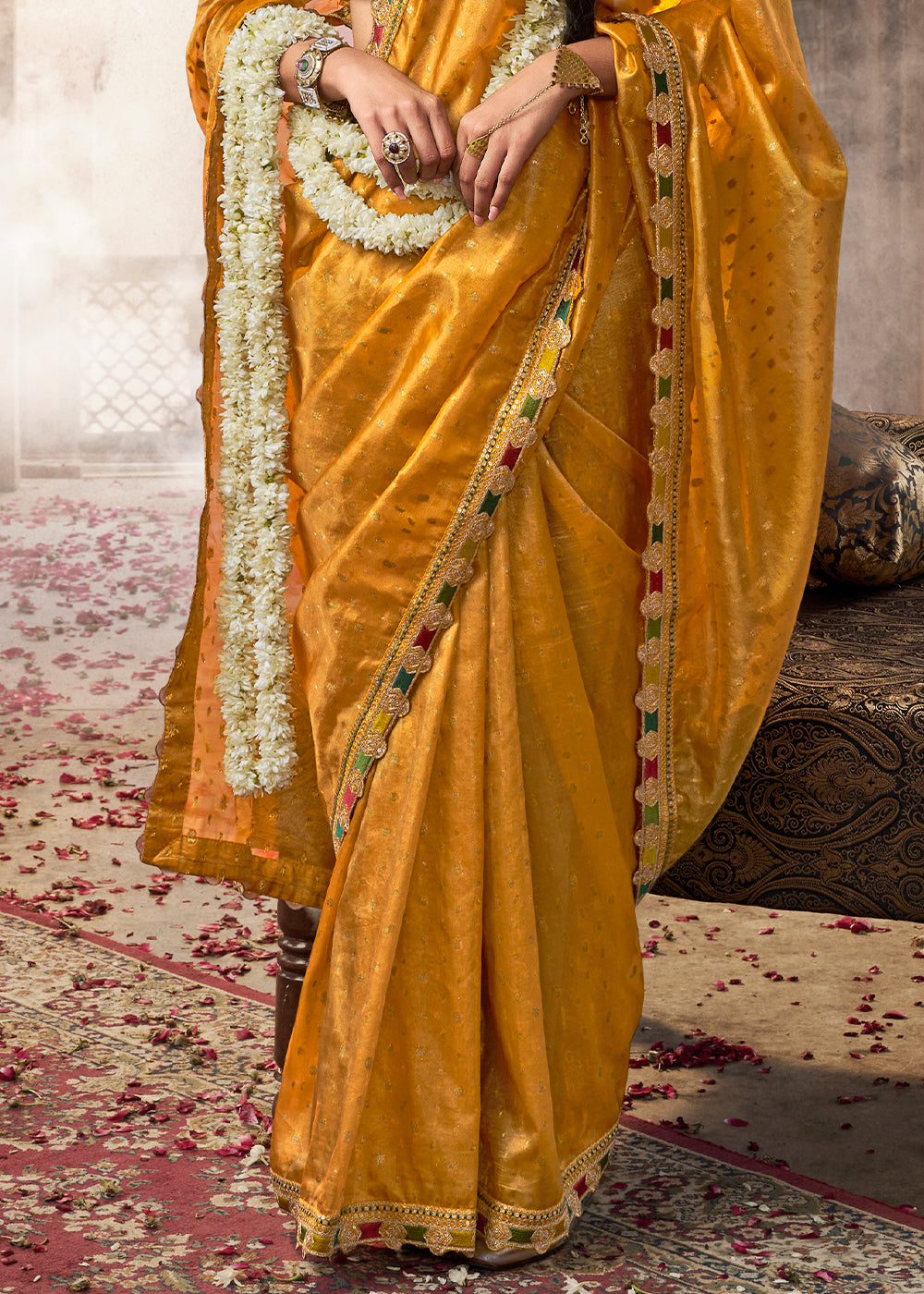 Shades Of Yellow Tissue Silk Saree Paired with Designer Blouse