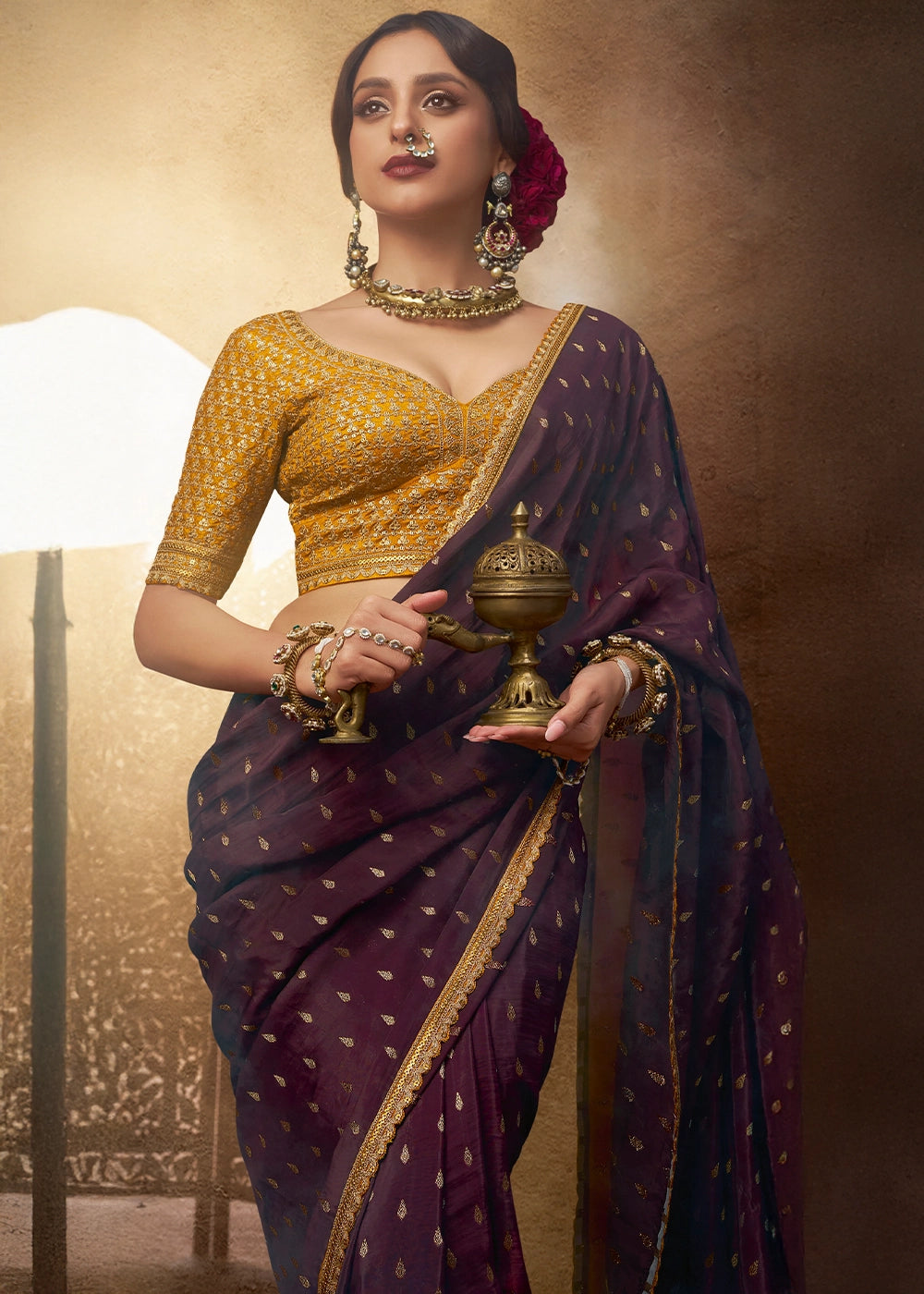 Sangria Purple Butta Work Viscose Silk Saree Paired with Embroidered Blouse
