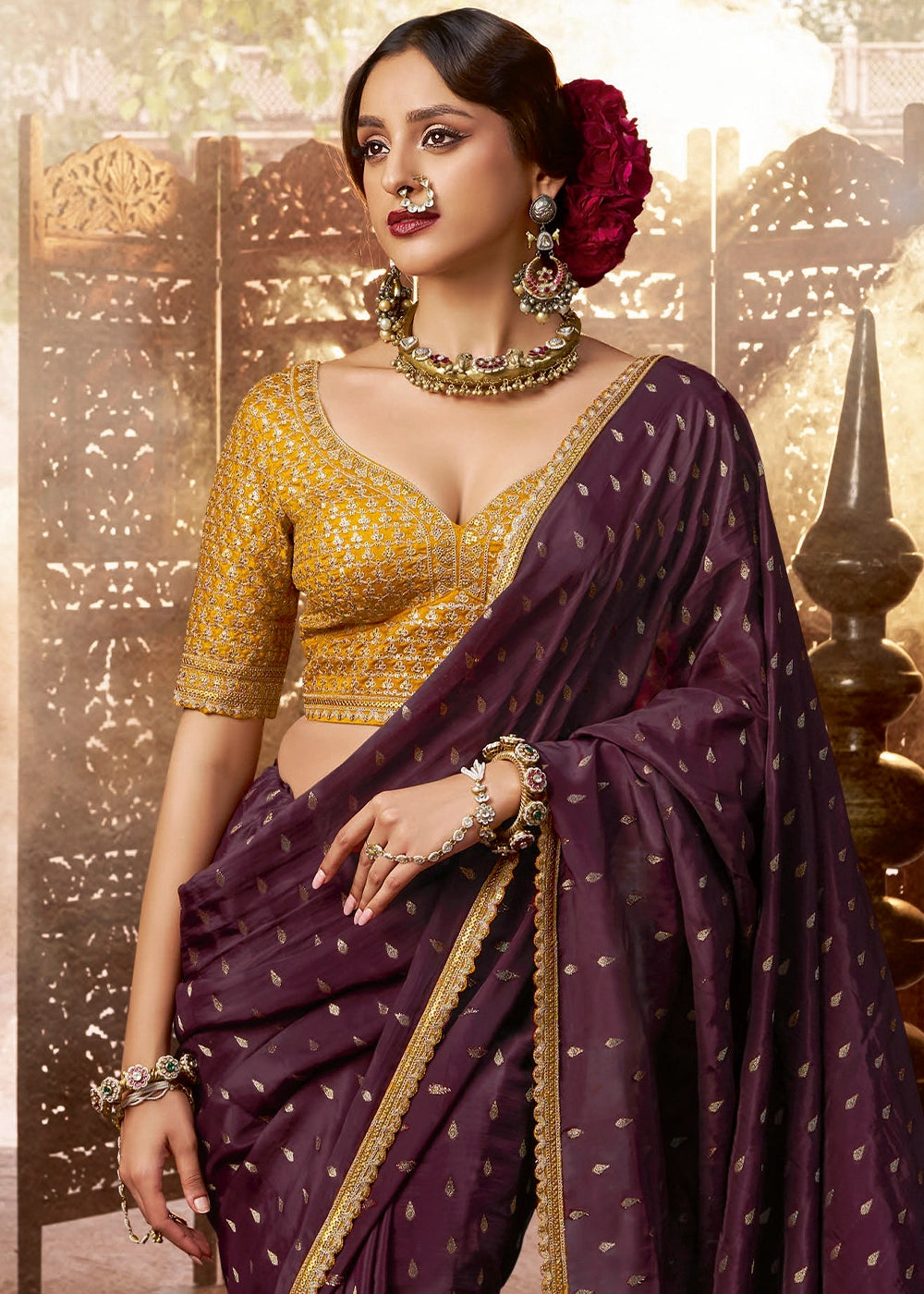 Sangria Purple Butta Work Viscose Silk Saree Paired with Embroidered Blouse